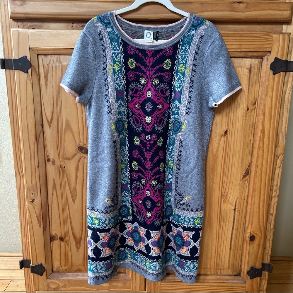 Akimi & KIN Embroidered Knit Midi Dress in Gray with Multicolor Pattern